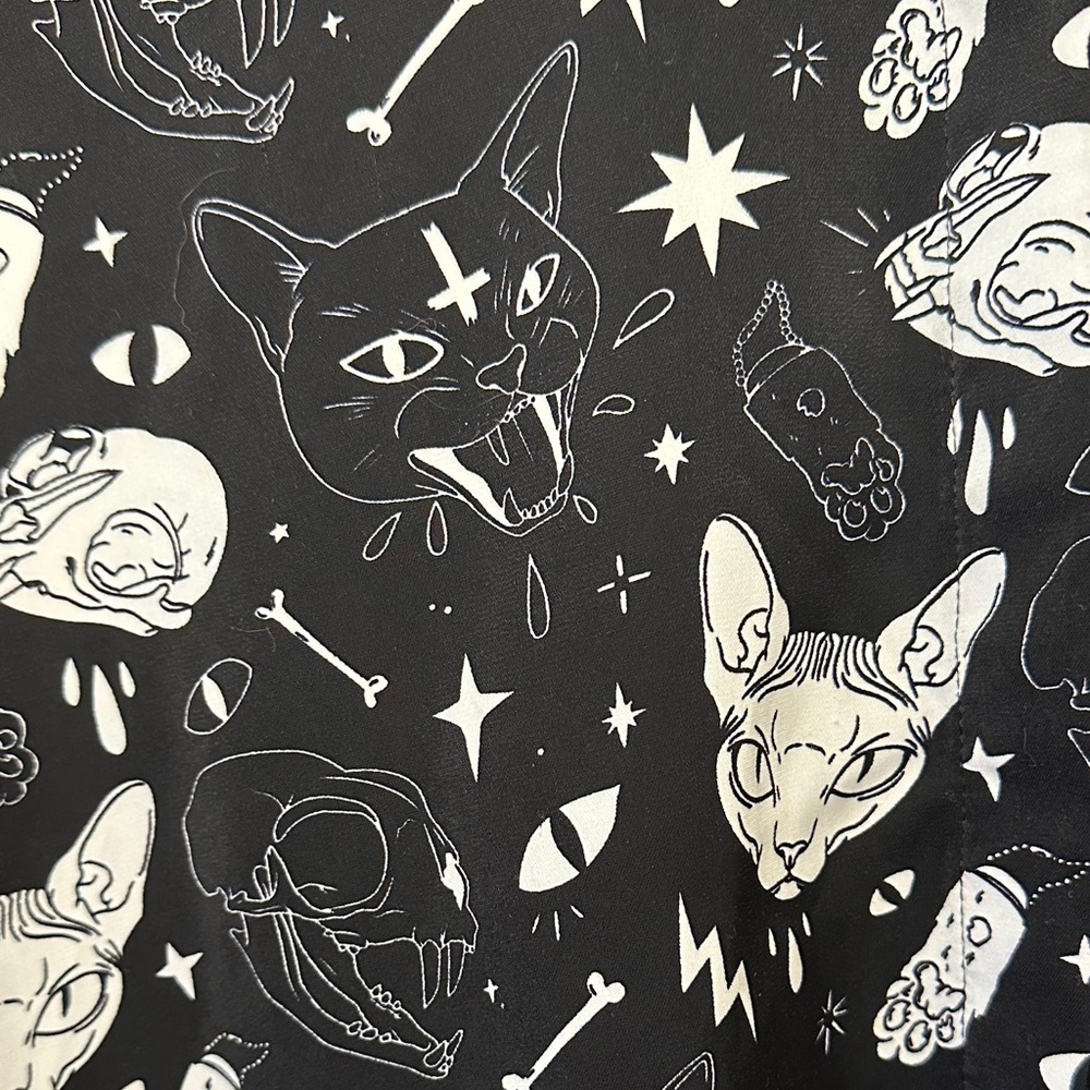 Disturbia Black Blouse with White Cat and Star Patterns - Picture 3 of 4